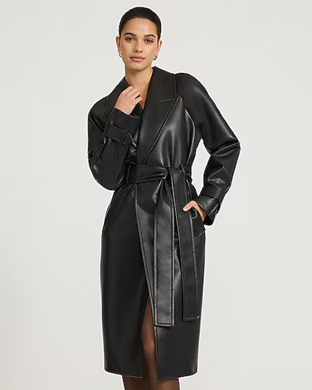 Express Faux Leather Belted Mid Length Trench Coat Black M NWT